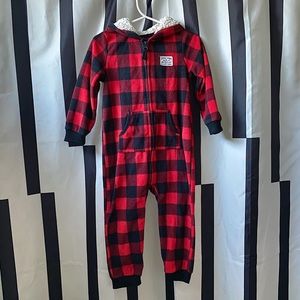 BUFFALO PLAID JUMPSUIT WITH BEAR HOODIE